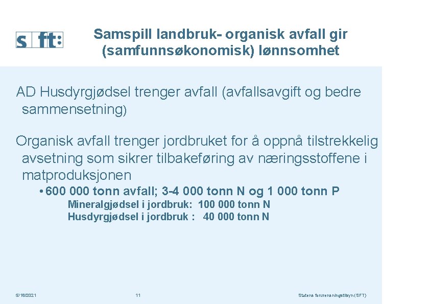 Samspill landbruk- organisk avfall gir (samfunnsøkonomisk) lønnsomhet AD Husdyrgjødsel trenger avfall (avfallsavgift og bedre