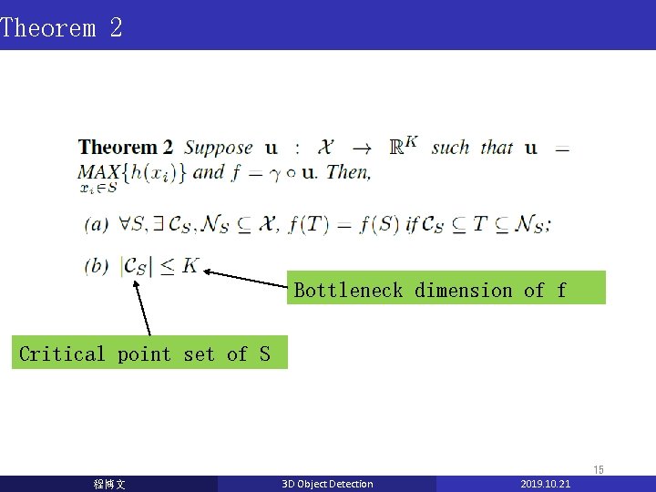 Theorem 2 Bottleneck dimension of f Critical point set of S 15 程博文 3 Theorem 2 Bottleneck dimension of f Critical point set of S 15 程博文 3