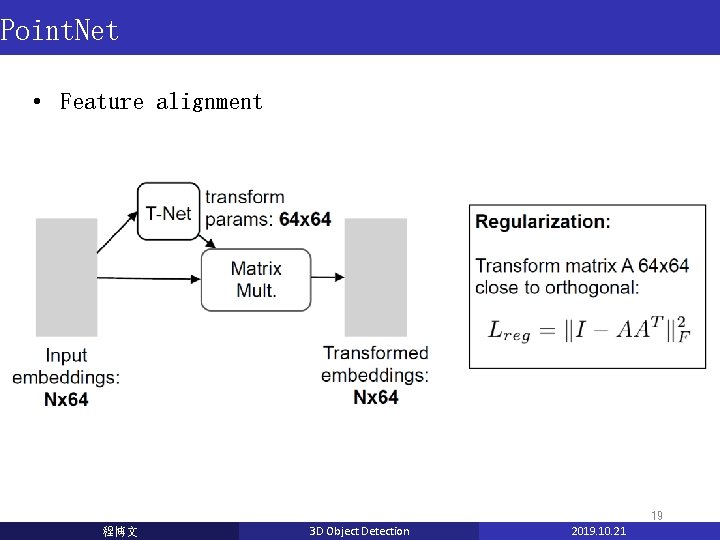 Point. Net • Feature alignment 19 程博文 3 D Object Detection 2019. 10. 21 Point. Net • Feature alignment 19 程博文 3 D Object Detection 2019. 10. 21