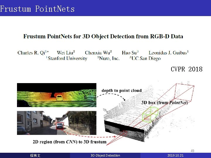 Frustum Point. Nets CVPR 2018 49 程博文 3 D Object Detection 2019. 10. 21 Frustum Point. Nets CVPR 2018 49 程博文 3 D Object Detection 2019. 10. 21