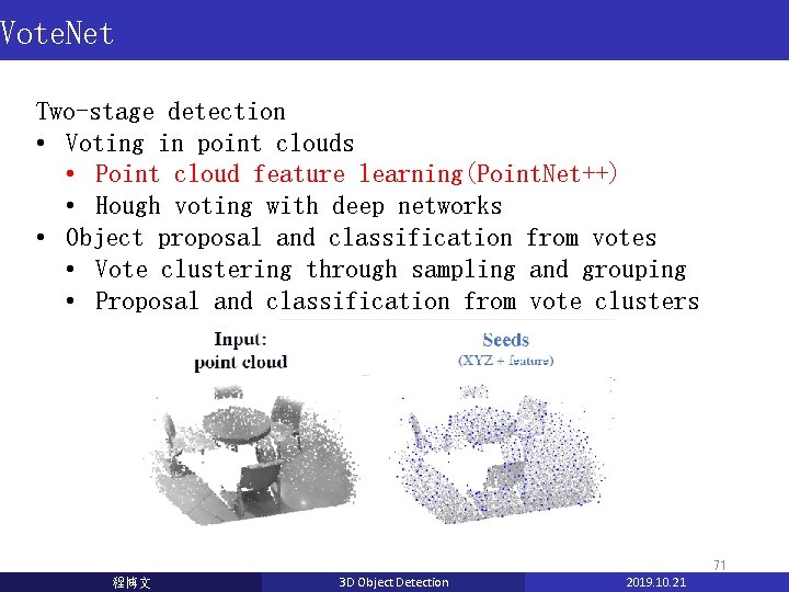 Vote. Net Two-stage detection • Voting in point clouds • Point cloud feature learning(Point. Vote. Net Two-stage detection • Voting in point clouds • Point cloud feature learning(Point.
