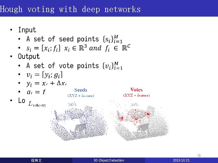 Hough voting with deep networks 75 程博文 3 D Object Detection 2019. 10. 21 Hough voting with deep networks 75 程博文 3 D Object Detection 2019. 10. 21