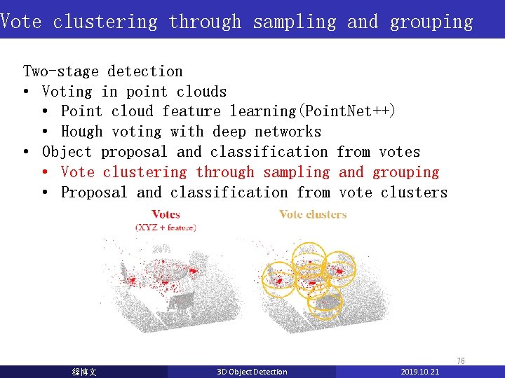 Vote clustering through sampling and grouping Two-stage detection • Voting in point clouds • Vote clustering through sampling and grouping Two-stage detection • Voting in point clouds •