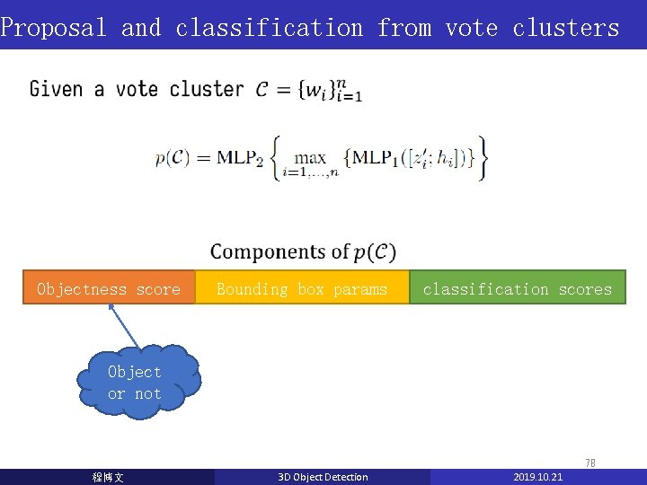 Proposal and classification from vote clusters Objectness score Bounding box params classification scores Object Proposal and classification from vote clusters Objectness score Bounding box params classification scores Object