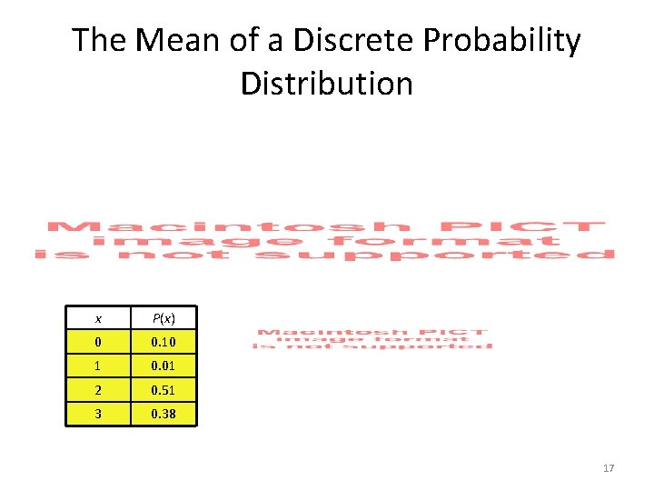 The Mean of a Discrete Probability Distribution x P(x) 0 0. 10 1 0.