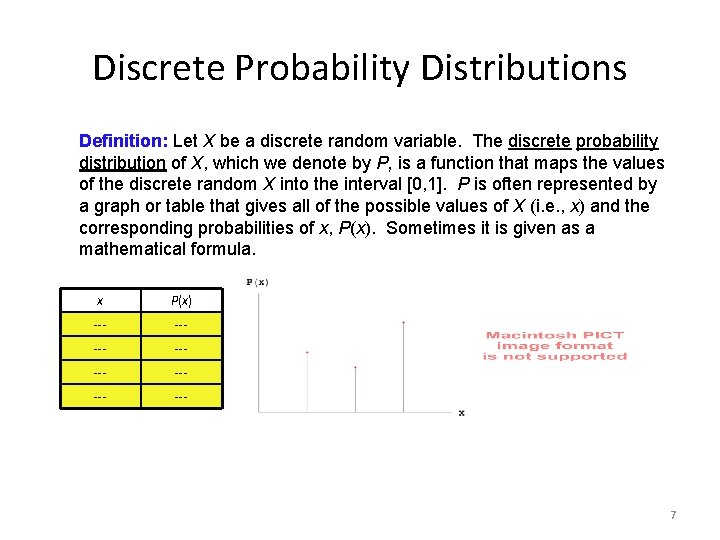 Discrete Probability Distributions Definition: Let X be a discrete random variable. The discrete probability