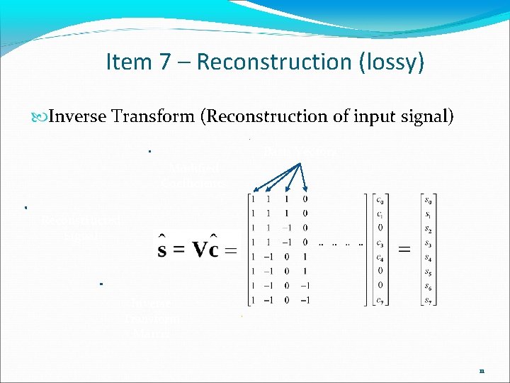 Item 7 – Reconstruction (lossy) Inverse Transform (Reconstruction of input signal) Basis Vectors Modified