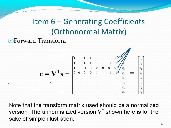Item 6 – Generating Coefficients (Orthonormal Matrix) Forward Transform (Forward) Transform Matrix Coefficients Basis