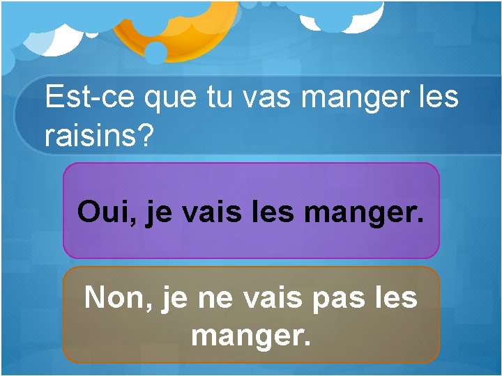 Est-ce que tu vas manger les raisins? Oui, je vais les manger. Non, je