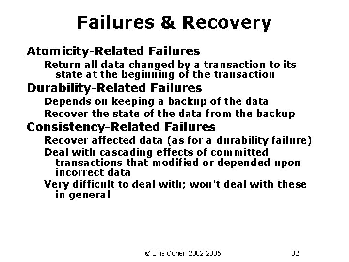 Failures & Recovery Atomicity-Related Failures Return all data changed by a transaction to its