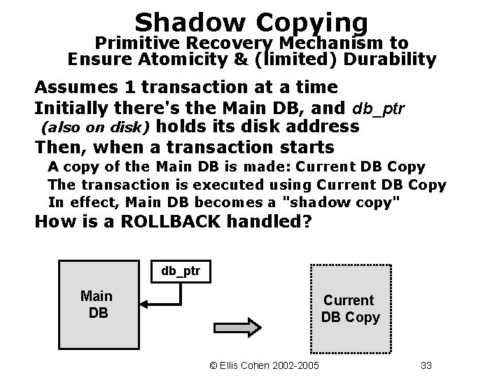 Shadow Copying Primitive Recovery Mechanism to Ensure Atomicity & (limited) Durability Assumes 1 transaction