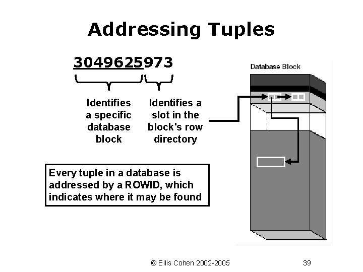 Addressing Tuples 3049625973 Identifies a specific database block Identifies a slot in the block's