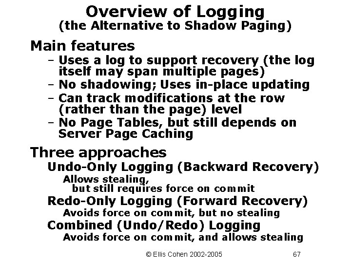 Overview of Logging (the Alternative to Shadow Paging) Main features – Uses a log