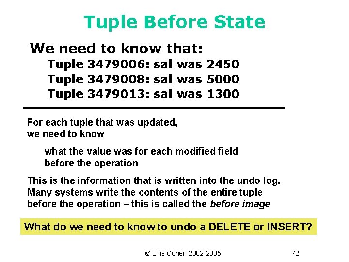 Tuple Before State We need to know that: Tuple 3479006: sal was 2450 Tuple