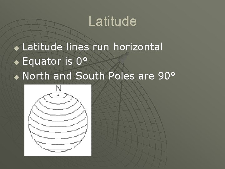 Latitude lines run horizontal u Equator is 0° u North and South Poles are Latitude lines run horizontal u Equator is 0° u North and South Poles are