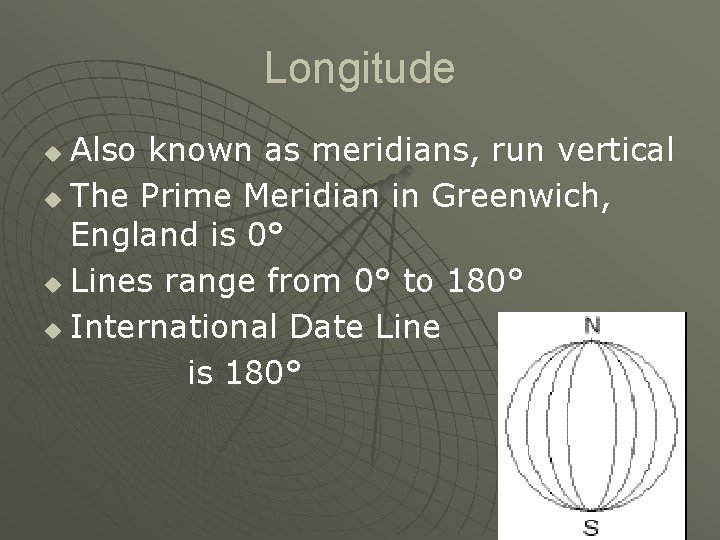 Longitude Also known as meridians, run vertical u The Prime Meridian in Greenwich, England Longitude Also known as meridians, run vertical u The Prime Meridian in Greenwich, England