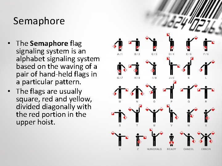 Semaphore • The Semaphore flag signaling system is an alphabet signaling system based on