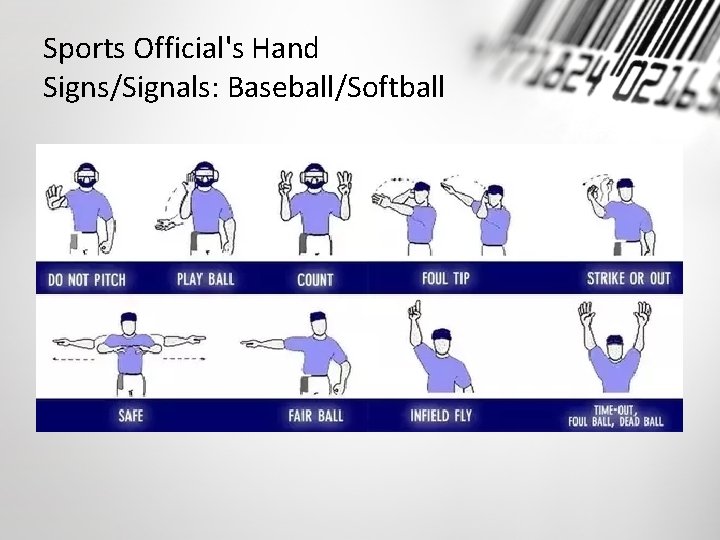 Sports Official's Hand Signs/Signals: Baseball/Softball Sports Official's Hand Signs/Signals: Baseball/Softball
