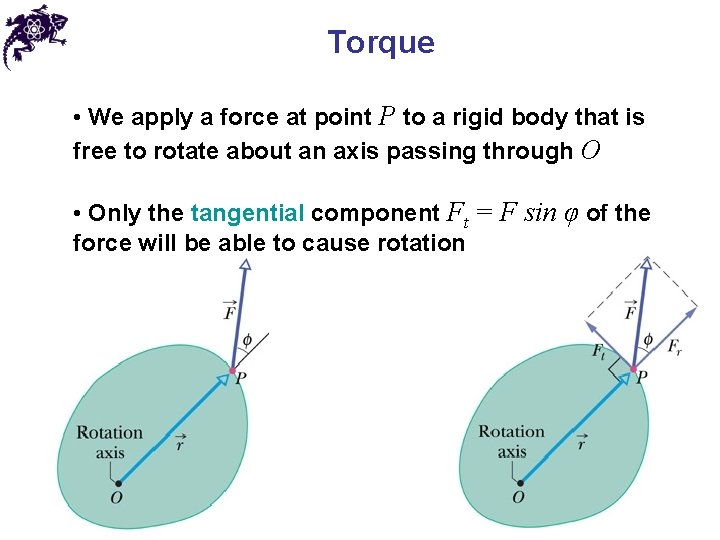 Torque • We apply a force at point P to a rigid body that