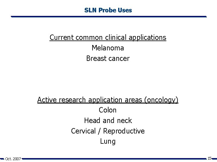 SLN Probe Uses Current common clinical applications Melanoma Breast cancer Active research application areas