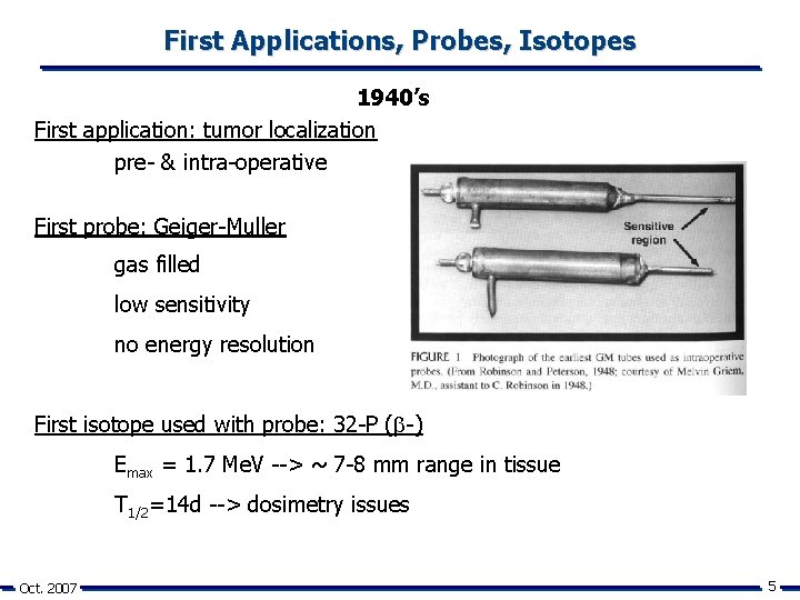 First Applications, Probes, Isotopes 1940’s First application: tumor localization pre- & intra-operative First probe: