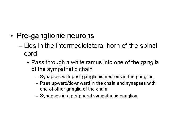  • Pre-ganglionic neurons – Lies in the intermediolateral horn of the spinal cord