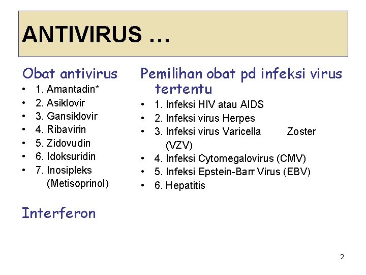 ANTIVIRUS … Obat antivirus • • 1. Amantadin* 2. Asiklovir 3. Gansiklovir 4. Ribavirin