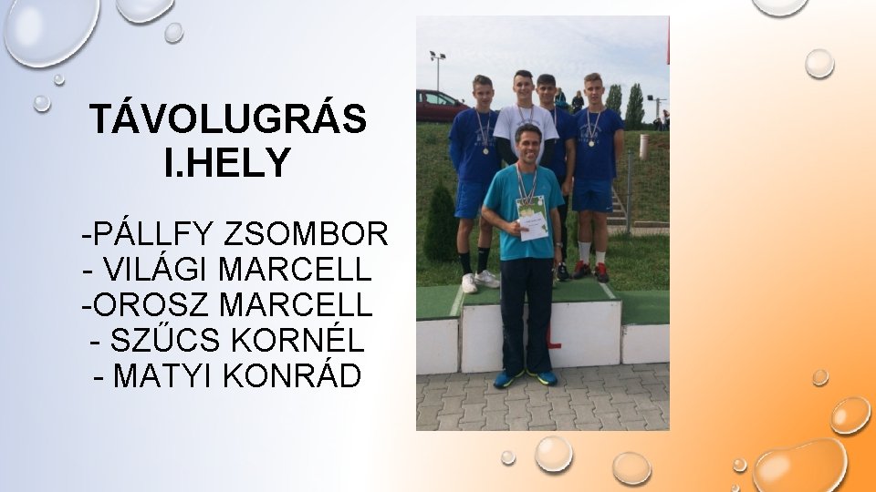 TÁVOLUGRÁS I. HELY -PÁLLFY ZSOMBOR - VILÁGI MARCELL -OROSZ MARCELL - SZŰCS KORNÉL -