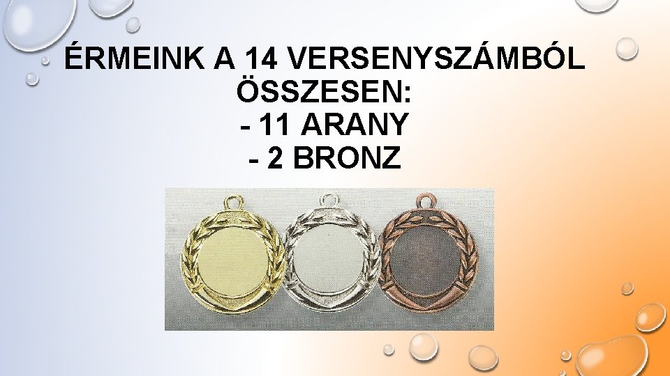 ÉRMEINK A 14 VERSENYSZÁMBÓL ÖSSZESEN: - 11 ARANY - 2 BRONZ 