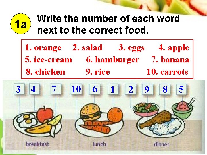 1 a Write the number of each word next to the correct food. 1.