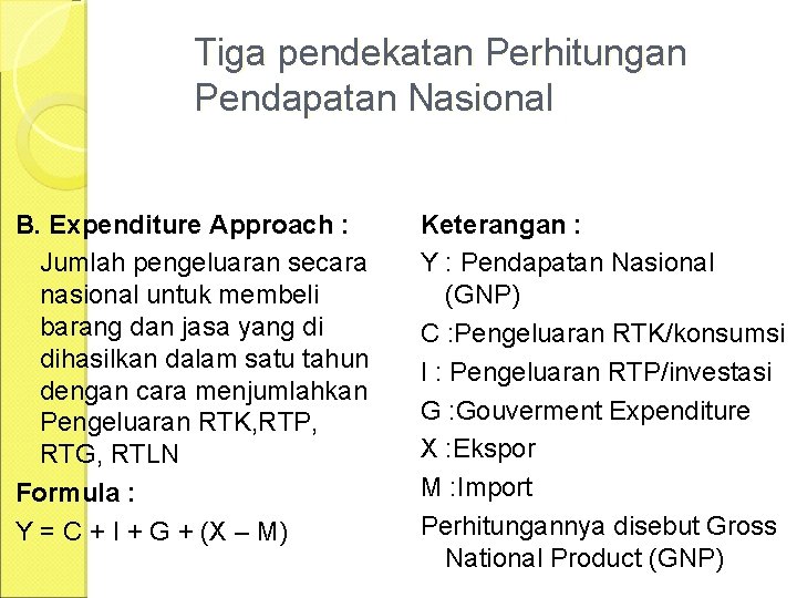 Tiga pendekatan Perhitungan Pendapatan Nasional B. Expenditure Approach : Jumlah pengeluaran secara nasional untuk