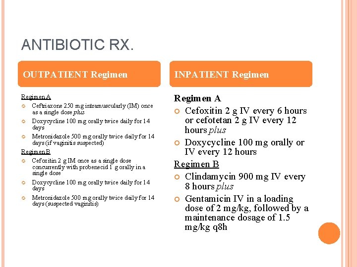 ANTIBIOTIC RX. OUTPATIENT Regimen INPATIENT Regimen A Ceftriaxone 250 mg intramuscularly (IM) once as