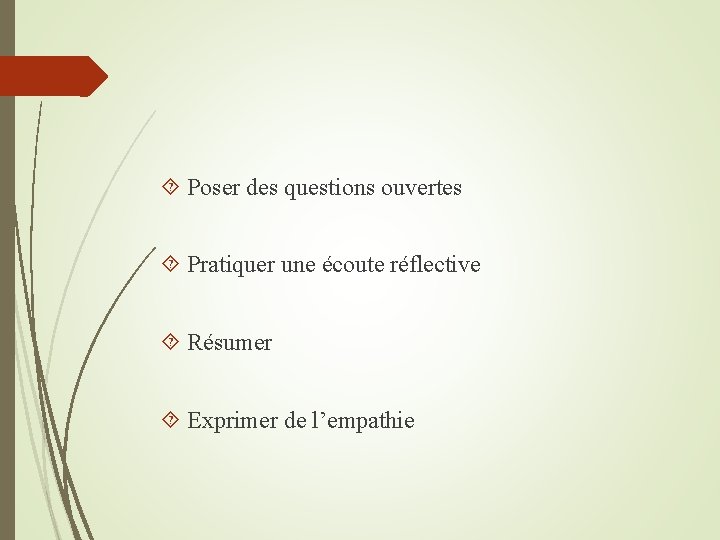  Poser des questions ouvertes Pratiquer une écoute réflective Résumer Exprimer de l’empathie 