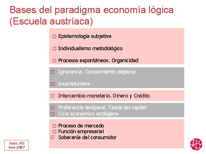 Bases del paradigma economía lógica (Escuela austríaca) � Epistemología subjetiva � Individualismo metodológico �