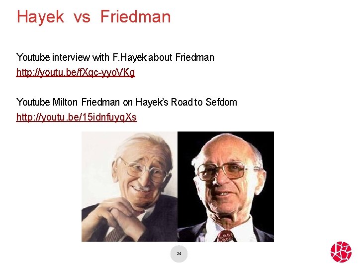 Hayek vs Friedman Youtube interview with F. Hayek about Friedman http: //youtu. be/f. Xqc-yyo.