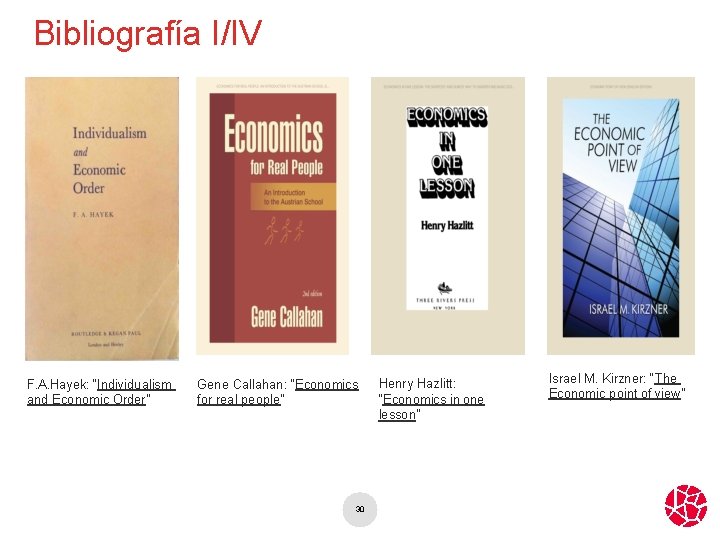 Bibliografía I/IV F. A. Hayek: “Individualism and Economic Order” Gene Callahan: “Economics for real