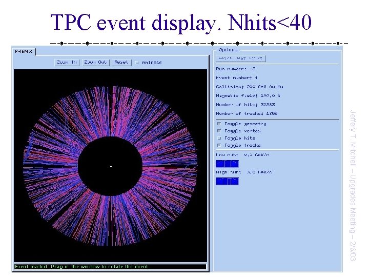 TPC event display. Nhits<40 Jeffery T. Mitchell – Upgrades Meeting – 2/6/03 