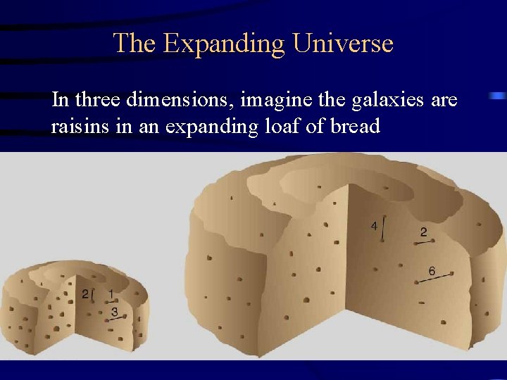 The Expanding Universe In three dimensions, imagine the galaxies are raisins in an expanding