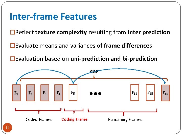 Inter-frame Features �Reflect texture complexity resulting from inter prediction �Evaluate means and variances of
