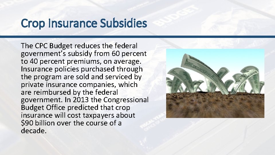 Crop Insurance Subsidies The CPC Budget reduces the federal government’s subsidy from 60 percent