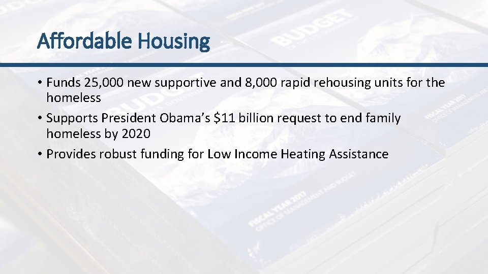 Affordable Housing • Funds 25, 000 new supportive and 8, 000 rapid rehousing units