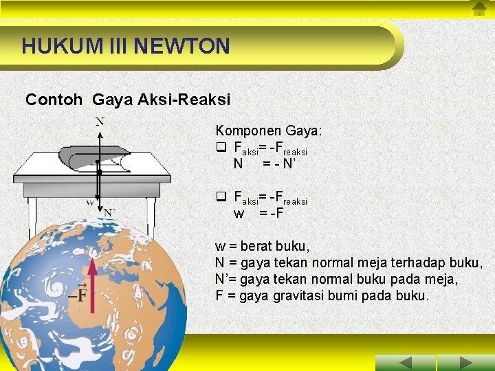 HUKUM III NEWTON Contoh Gaya Aksi-Reaksi Komponen Gaya: q Faksi= -Freaksi N = -