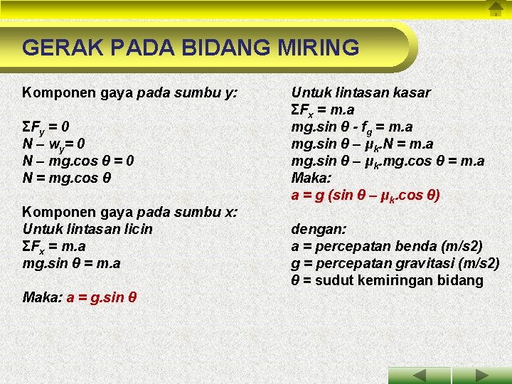 GERAK PADA BIDANG MIRING Komponen gaya pada sumbu y: ΣFy = 0 N –