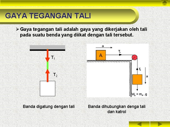 GAYA TEGANGAN TALI Ø Gaya tegangan tali adalah gaya yang dikerjakan oleh tali pada