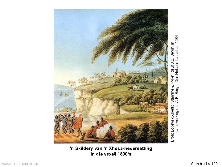 'n Skildery van 'n Xhosa-nedersetting in die vroeë 1800's www. theanswer. co. za Sien