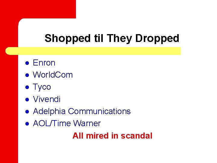 Shopped til They Dropped l l l Enron World. Com Tyco Vivendi Adelphia Communications