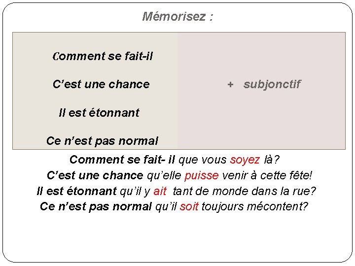Mémorisez : Сomment se fait-il C’est une chance + subjonctif Il est étonnant Ce