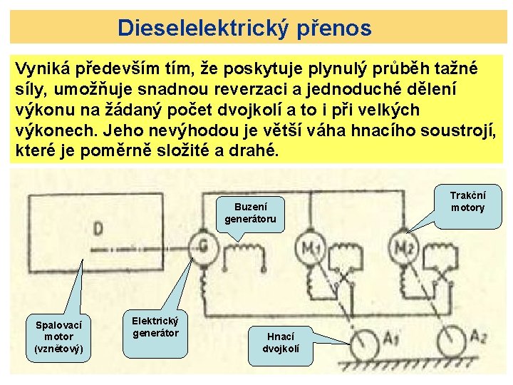 Dieselelektrický přenos Vyniká především tím, že poskytuje plynulý průběh tažné síly, umožňuje snadnou reverzaci