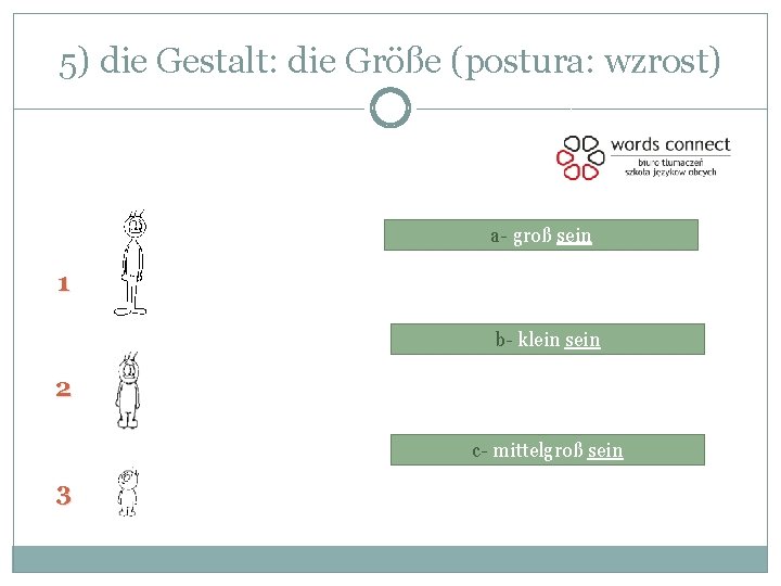 5) die Gestalt: die Größe (postura: wzrost) a- groß sein 1 b- klein sein