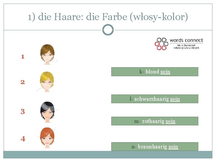 1) die Haare: die Farbe (włosy-kolor) 1 k- blond sein 2 l- schwarzhaarig sein